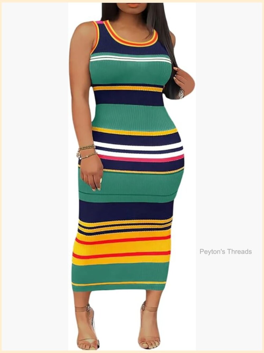 Plus Size Striped Color Block Midi Dress Sleeveless Scoop Neck Bodycon Summer